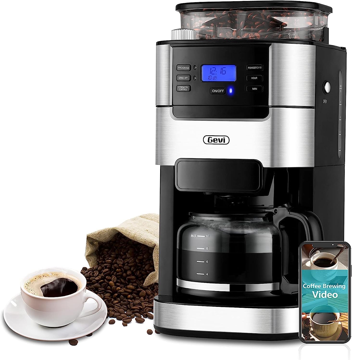 Gevi 10-Cup Coffee Maker with Grinder Programmable Grind & Brew